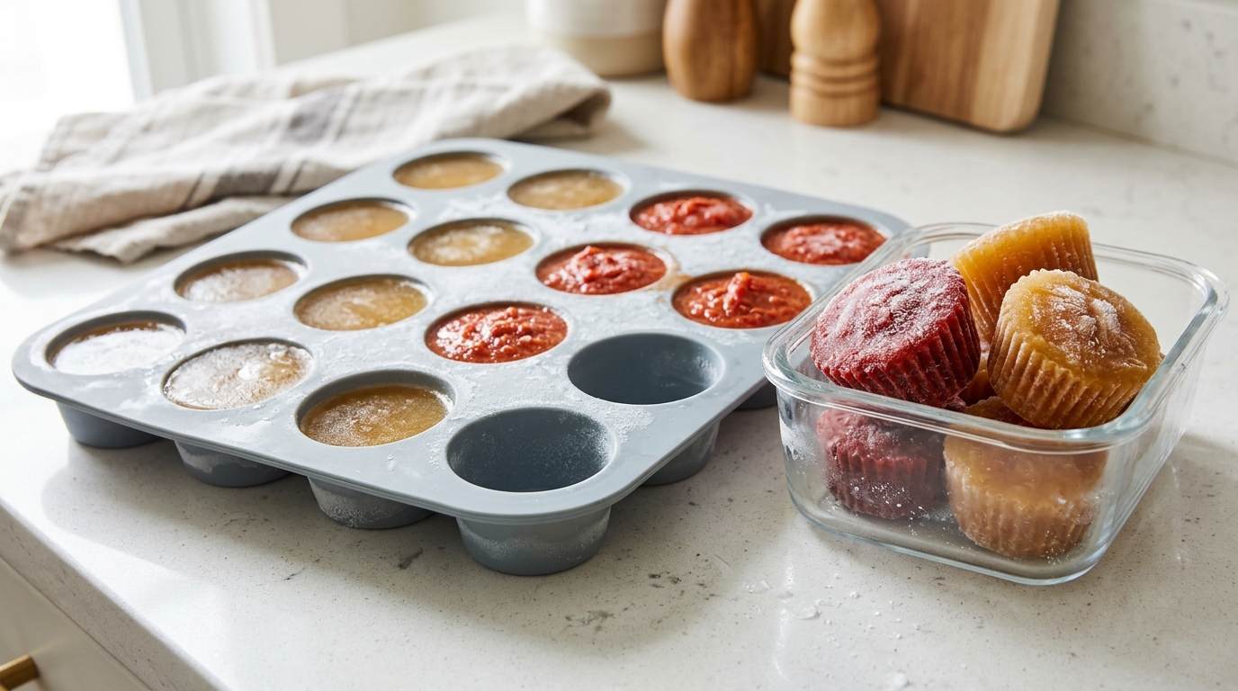 Freezer storage tricks with broth and tomato sauce frozen in a silicone muffin tin
