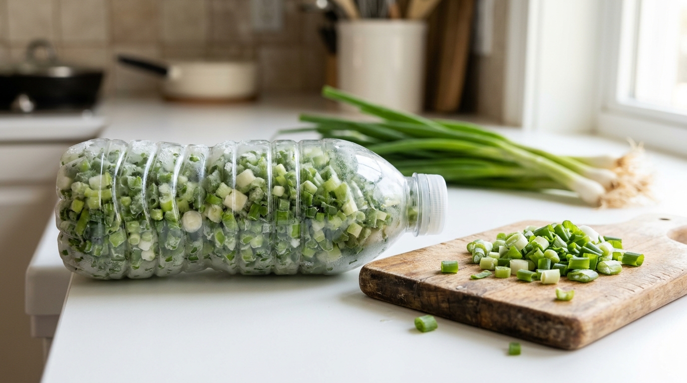 Chopped frozen green onions in a clear plastic bottle