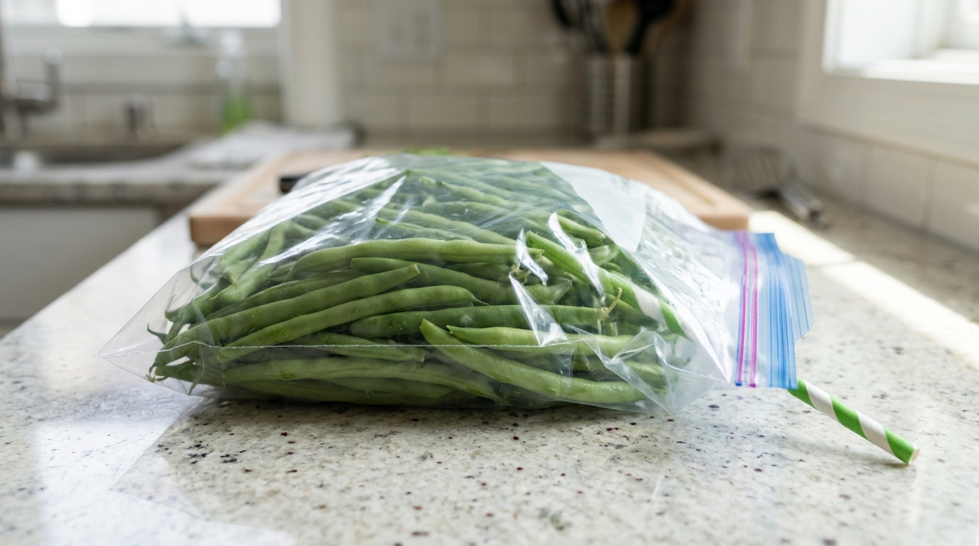 Freezer bag of green beans with a straw in the corner to remove air