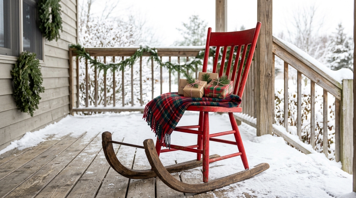 Old wooden chair painted red with sled runners turned into a sleigh with a blanket and gifts