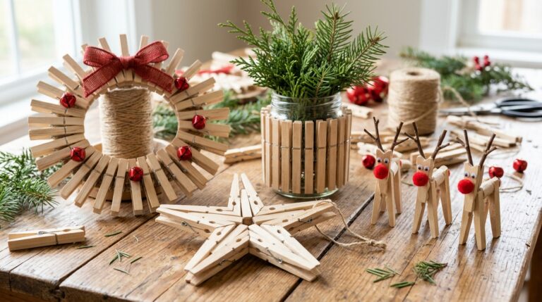 Clothespin crafts on a craft table: a wooden clothespin star, a wreath with red bells, little reindeer and a clothespin jar vase