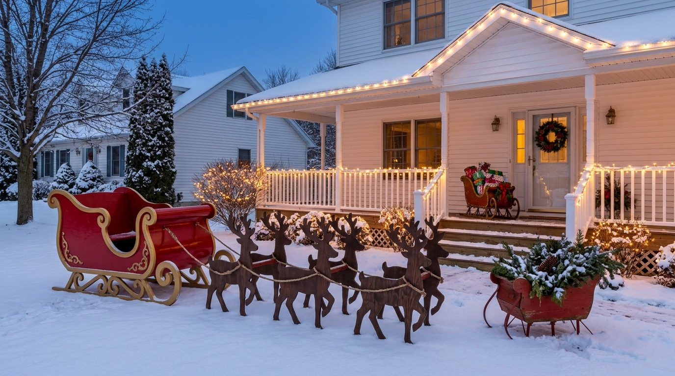 Santa sleigh decor in a snowy front yard with a big wooden sleigh, reindeer silhouettes and a red sleigh planter with LED lights