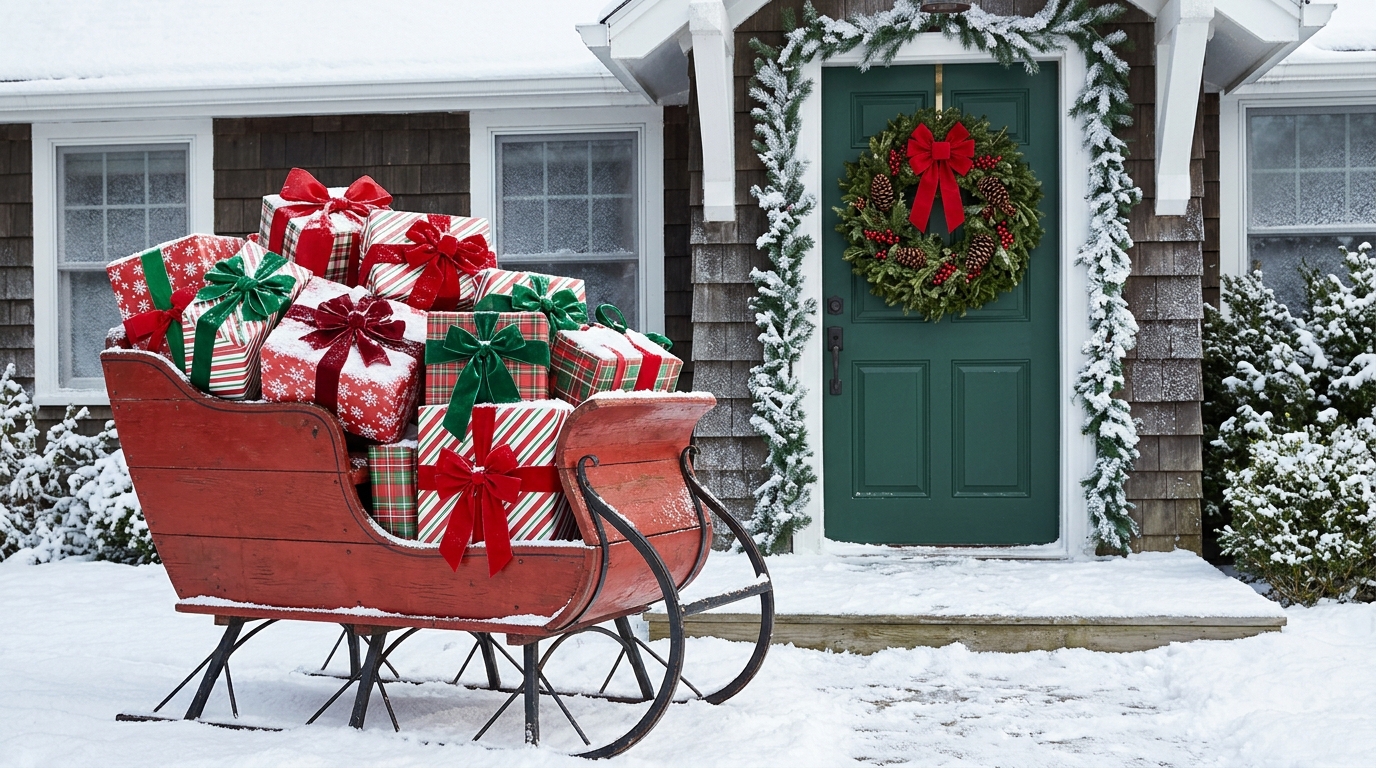 Red wooden sleigh piled with wrapped gift boxes and ribbons beside a front door
