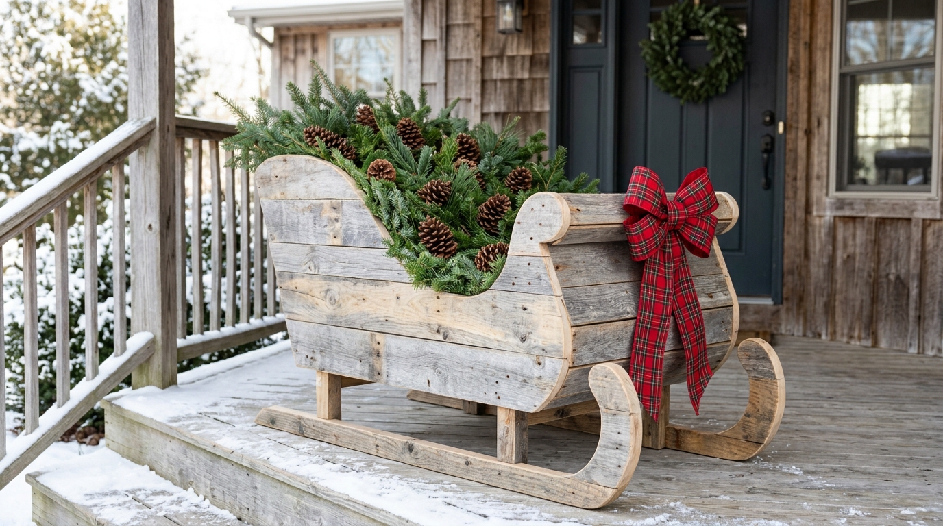 Santa sleigh decor built from rustic pallet boards with greenery and plaid ribbon on a front porch