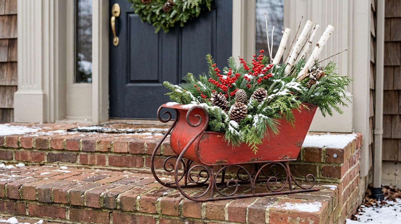 Santa sleigh decor idea of a vintage red sleigh planter filled with evergreen, berries and pine cones by a front door