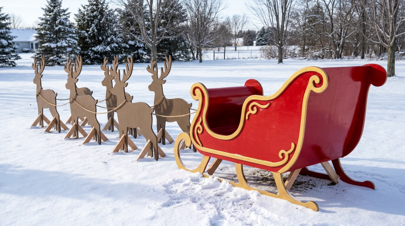 Santa sleigh decor made from red painted plywood with a team of wooden reindeer silhouettes on a snowy lawn
