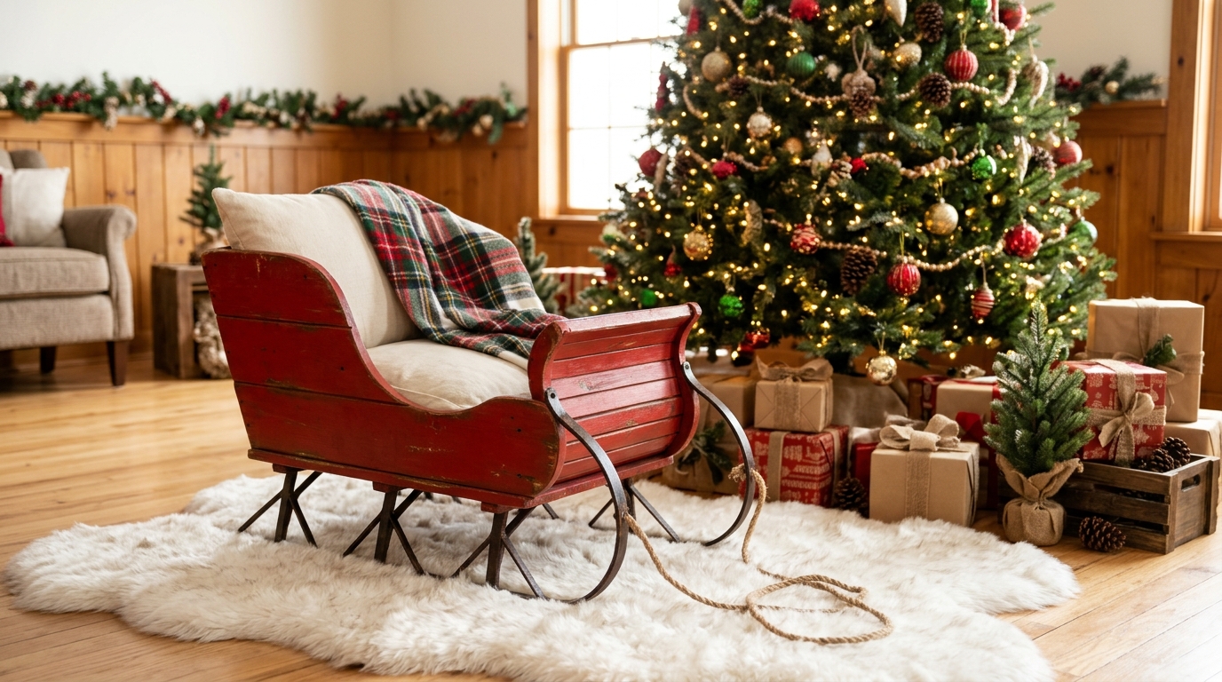 Kid size wooden sleigh photo prop with a plaid blanket in front of a decorated Christmas backdrop