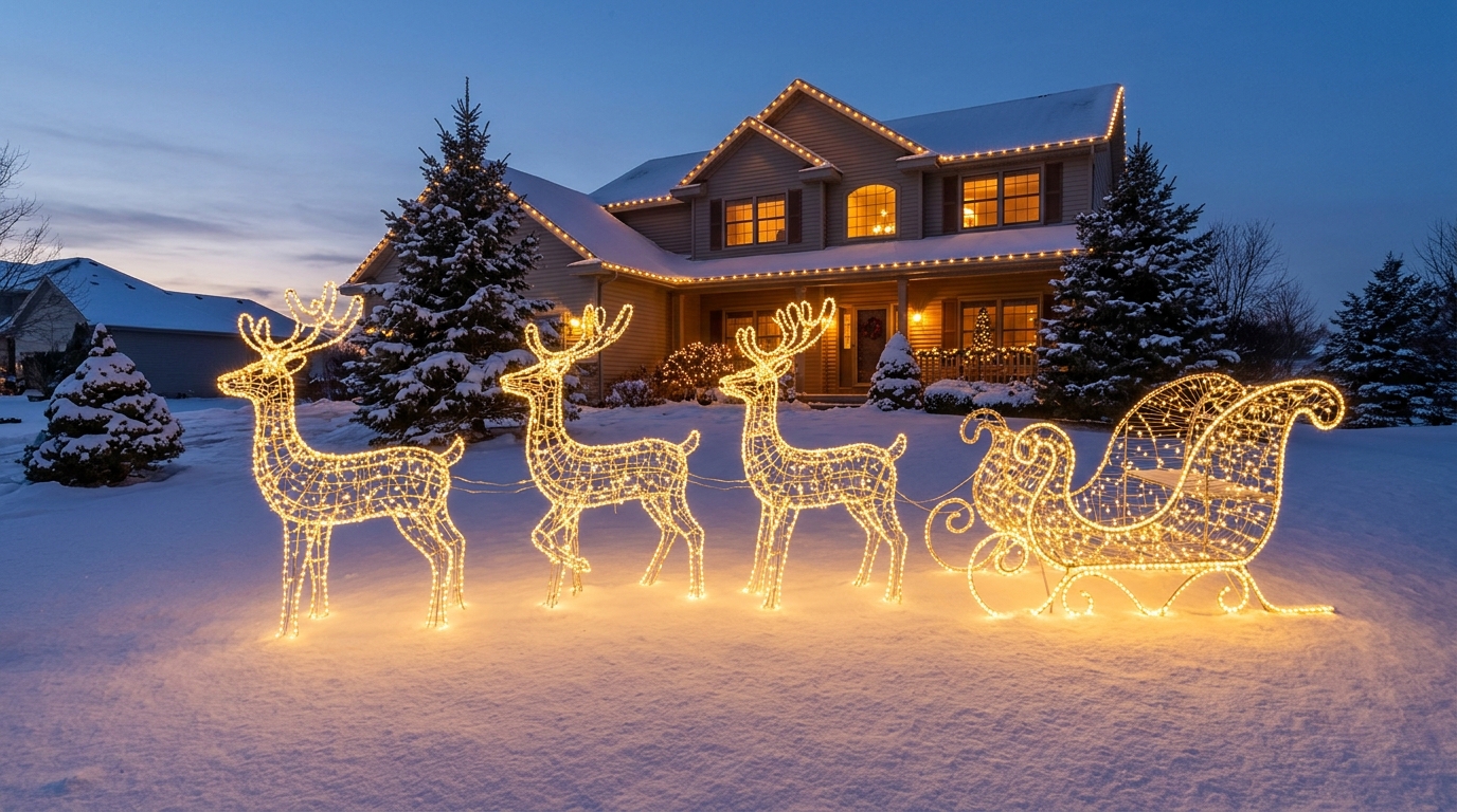 Santa sleigh decor shape made of glowing LED rope lights with reindeer on a snowy lawn at dusk