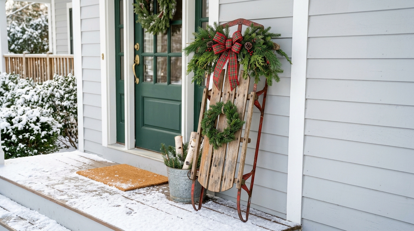 Vintage wooden sled leaning by a front door with greenery, plaid bow and a small wreath