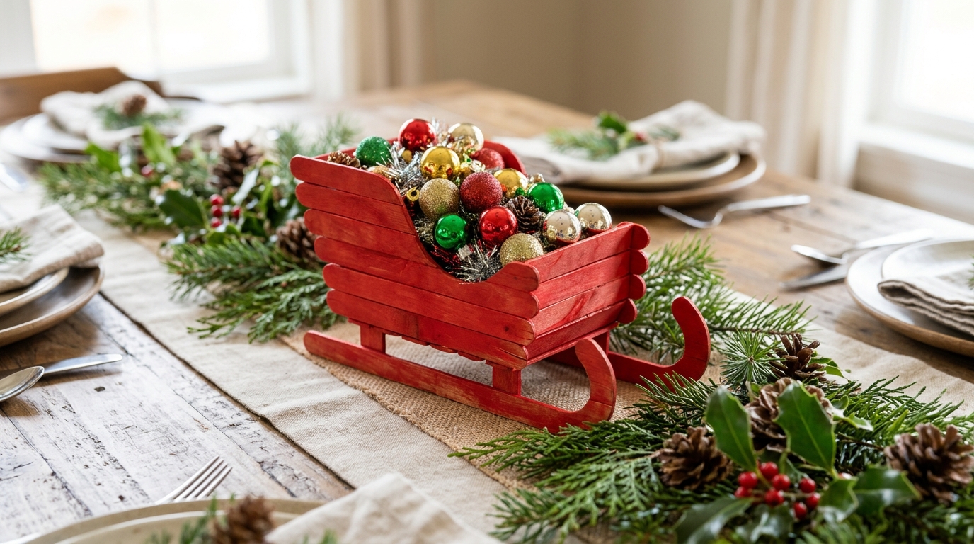 Small sleigh made from red painted craft sticks filled with ornaments on a holiday table