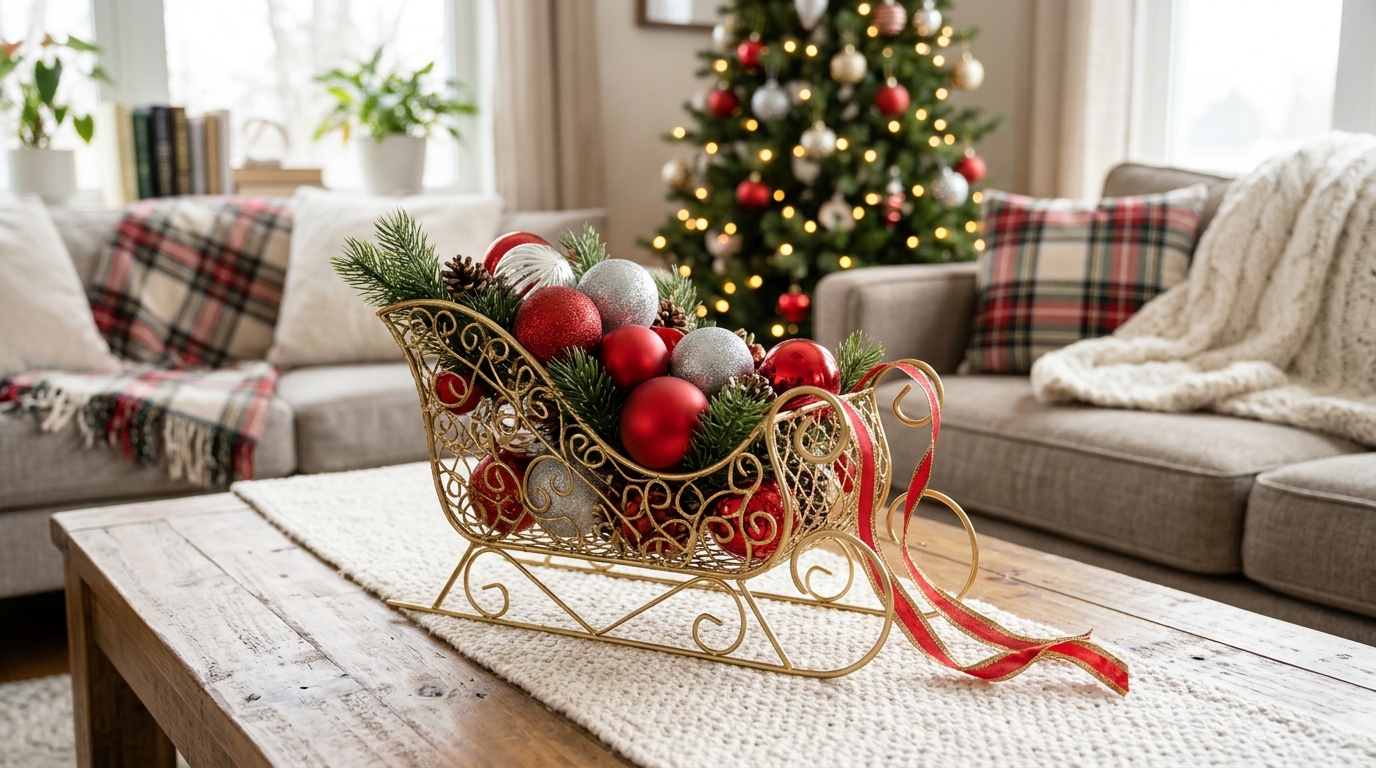 Small gold sleigh filled with red and silver ornaments and pine on a coffee table