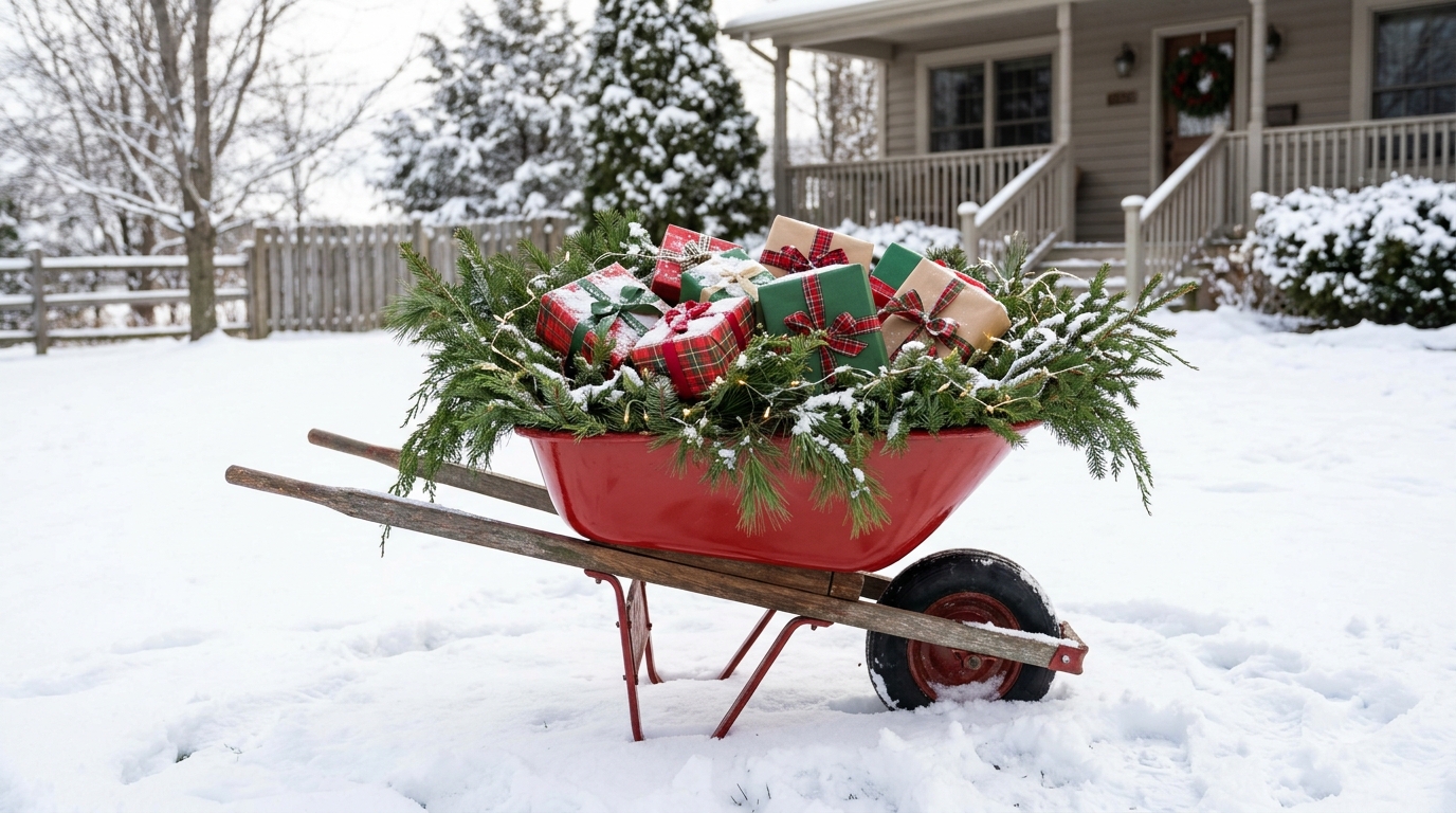 Old wheelbarrow painted red and filled with greenery and gifts to look like a sleigh