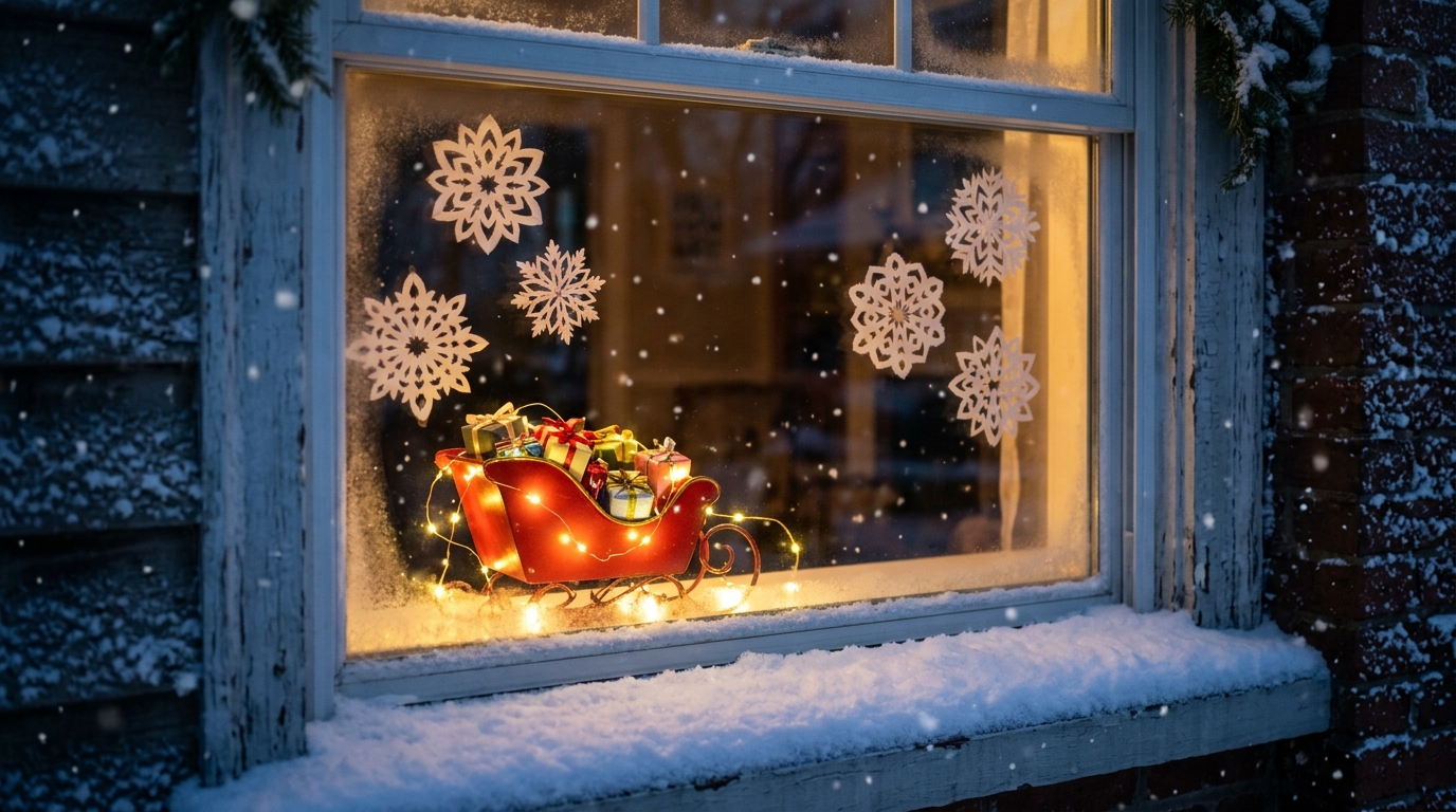 Front window with a small sleigh, gifts and battery LED lights against a snowy evening