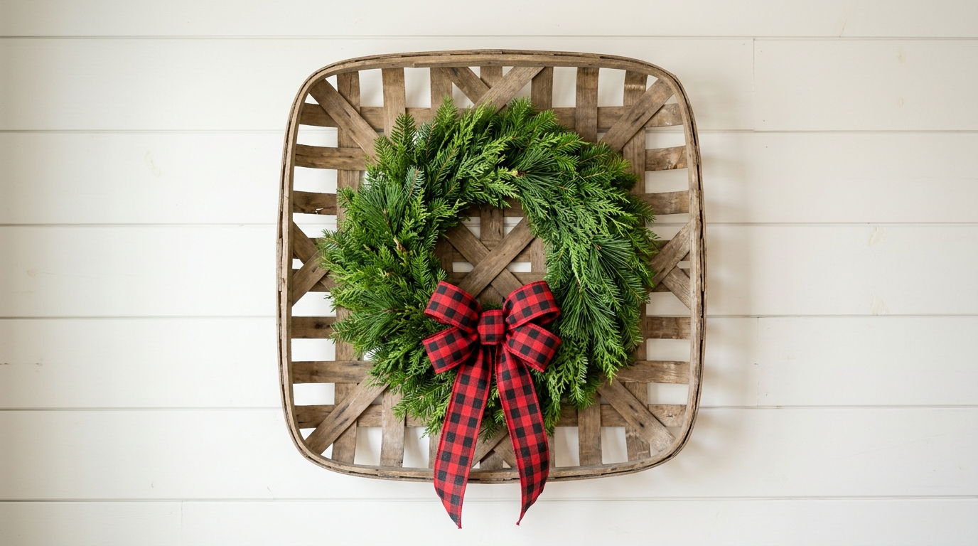 Flat woven tobacco basket with a fresh green wreath and plaid bow hung on a farmhouse wall