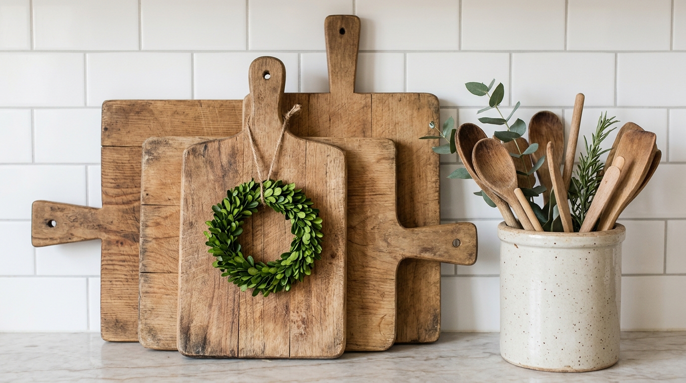 Stack of wooden cutting boards on a kitchen counter with greenery, a small wreath and a crock