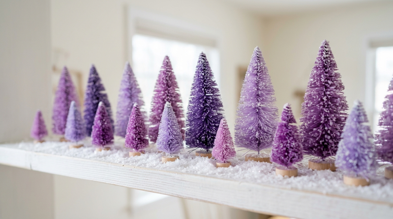Row of violet and lilac bottle brush trees on a shelf
