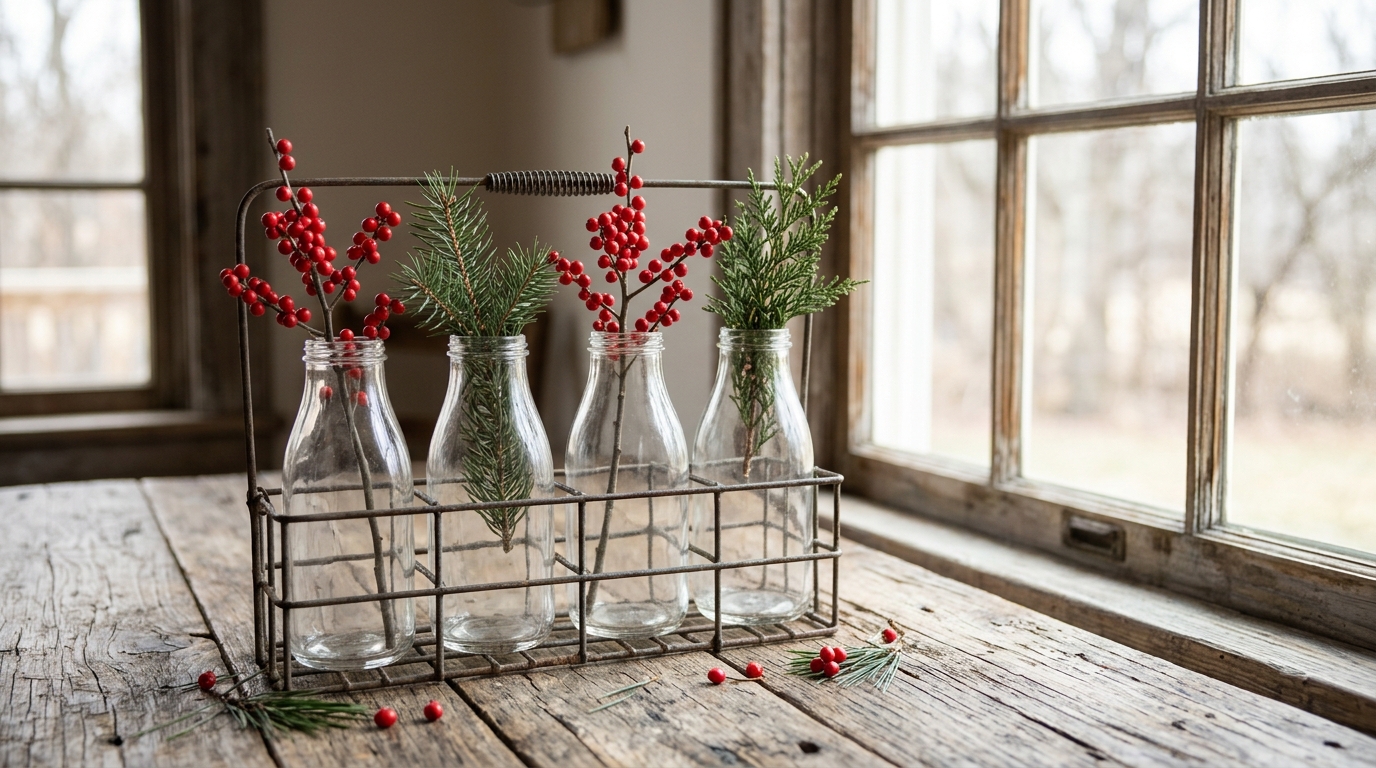 Glass milk bottles holding red berry stems and greenery in a wire carrier on a farmhouse table