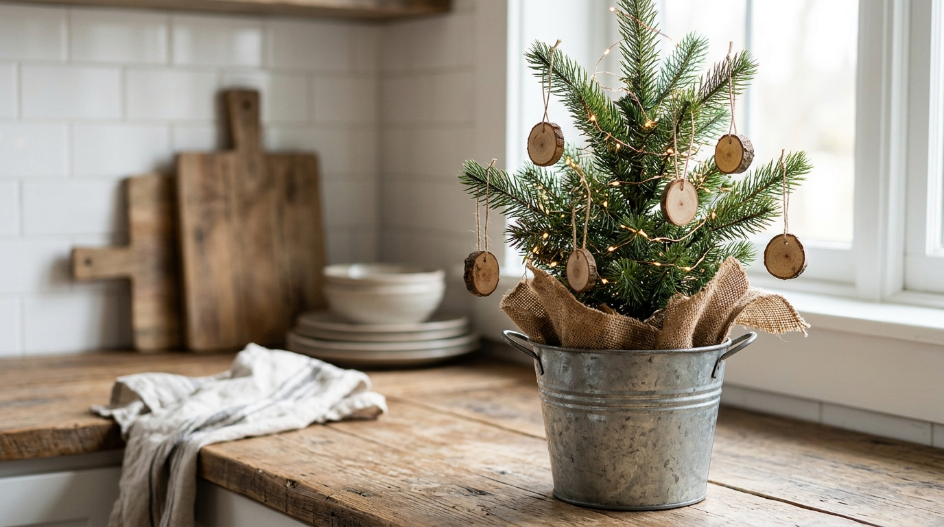 Farmhouse Christmas decor idea of a small pine tree in a galvanized bucket with a burlap skirt and wood ornaments