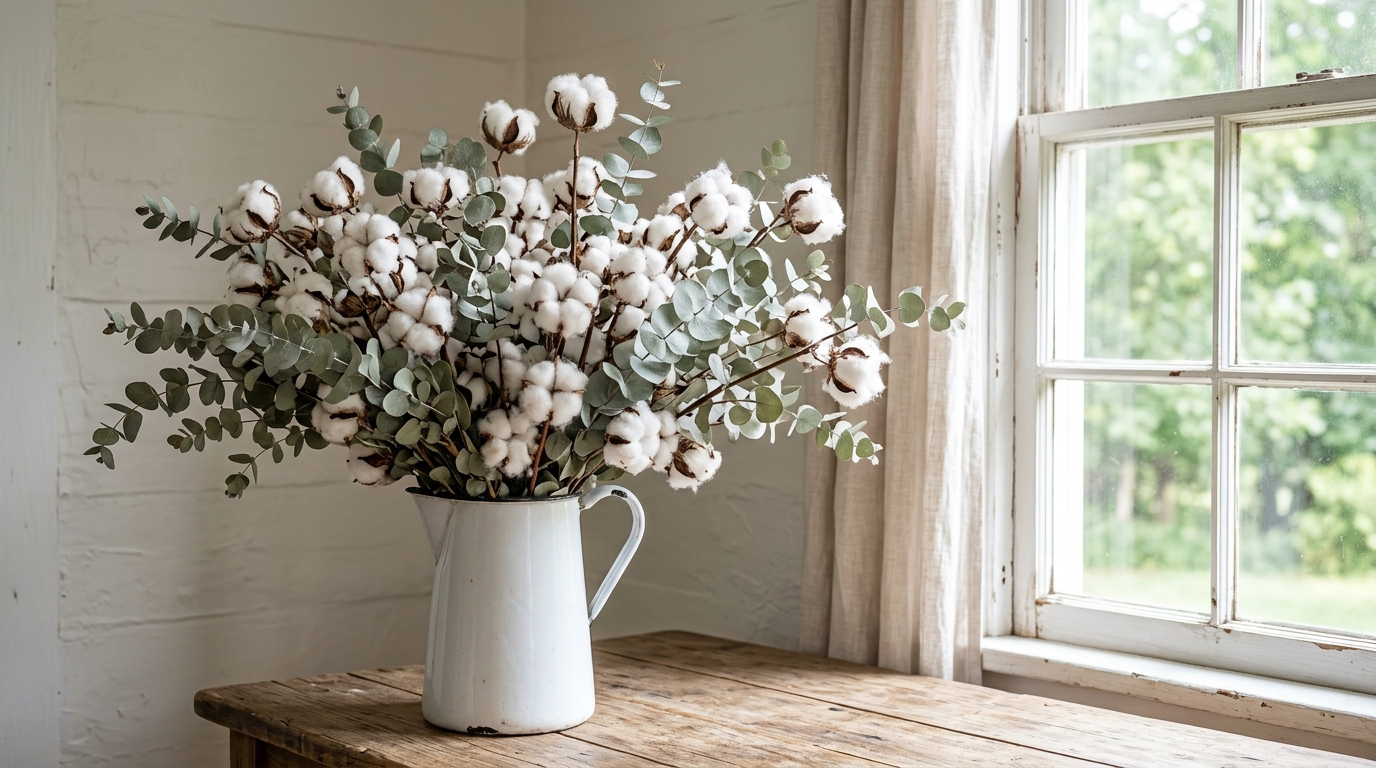 Bundles of cotton stems in an enamel pitcher beside a white farmhouse window