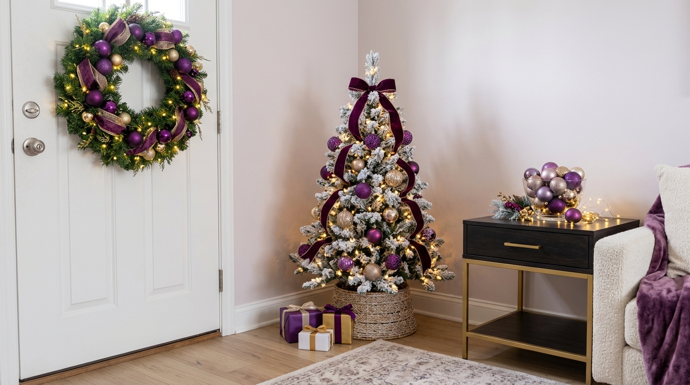 Purple Christmas decor corner with a purple and gold wreath on a white door, a flocked tree and a bowl of ornaments