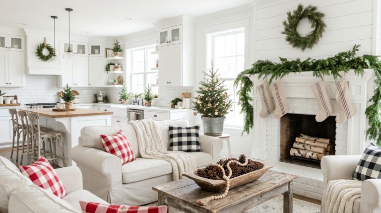 Farmhouse Christmas decor in a white kitchen and living room with a galvanized bucket tree, wood bead garland and grain sack stockings