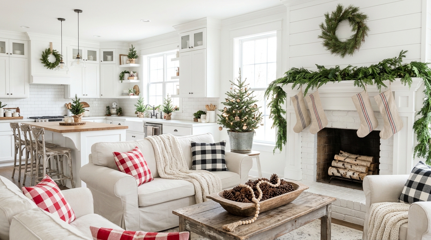 Farmhouse Christmas decor in a white kitchen and living room with a galvanized bucket tree, wood bead garland and grain sack stockings