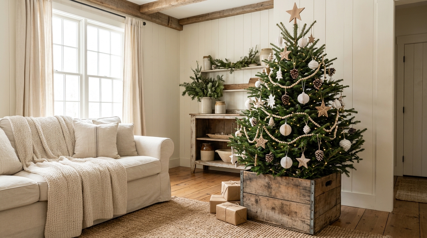 Christmas tree set inside a rustic wooden crate instead of a tree skirt