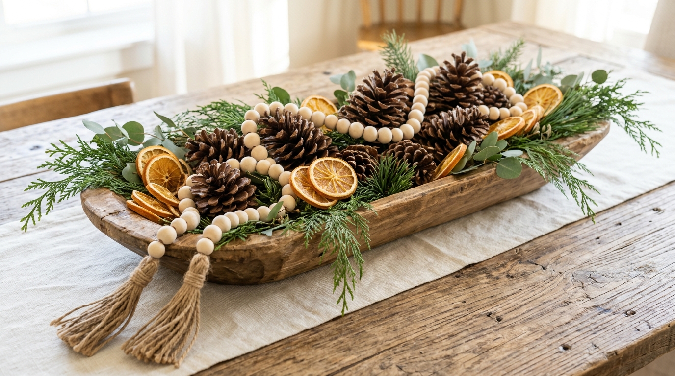 Wooden dough bowl filled with pine cones and greenery with a wood bead garland draped over it