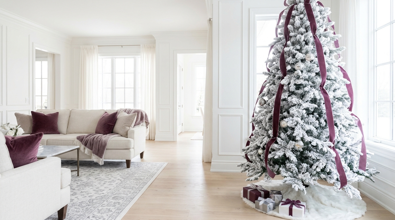 White flocked Christmas tree wrapped in plum velvet ribbon