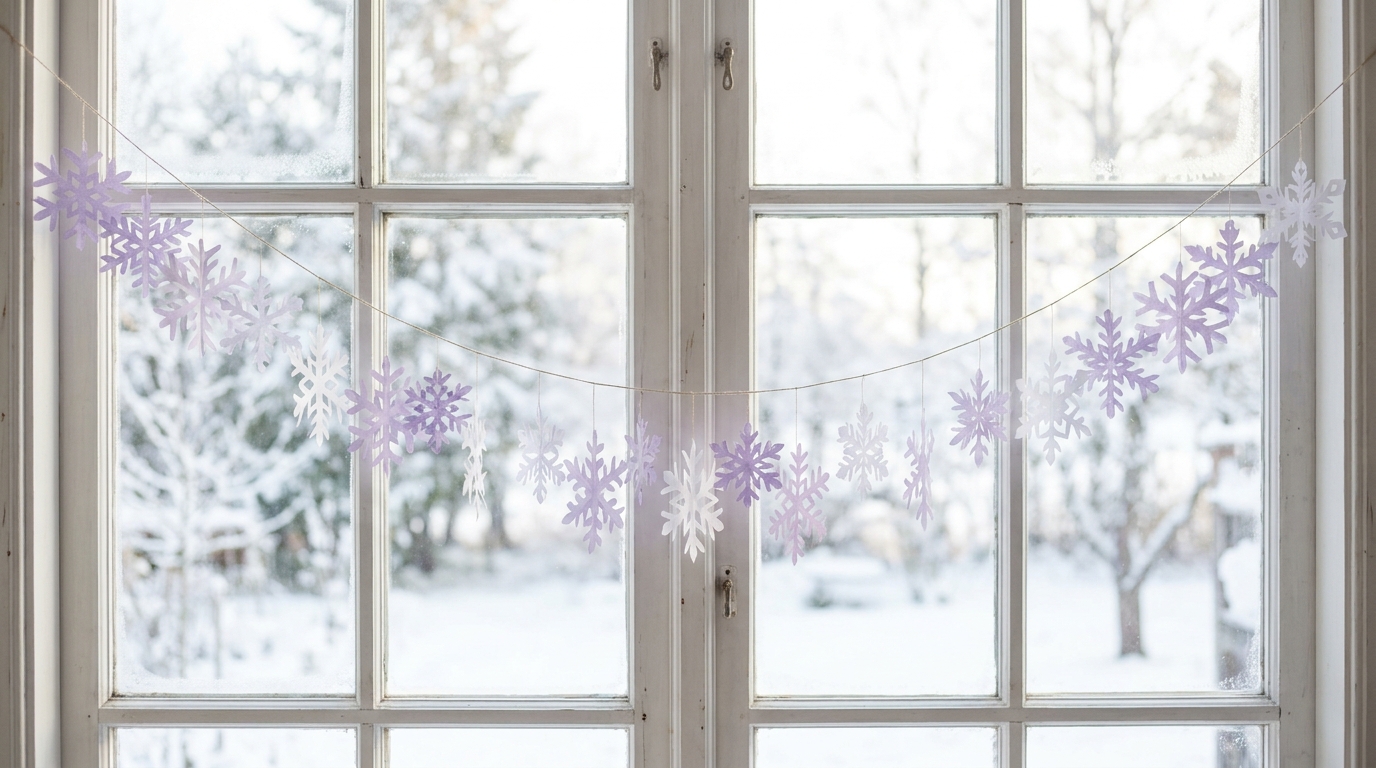 Lavender and white paper snowflake garland in a window