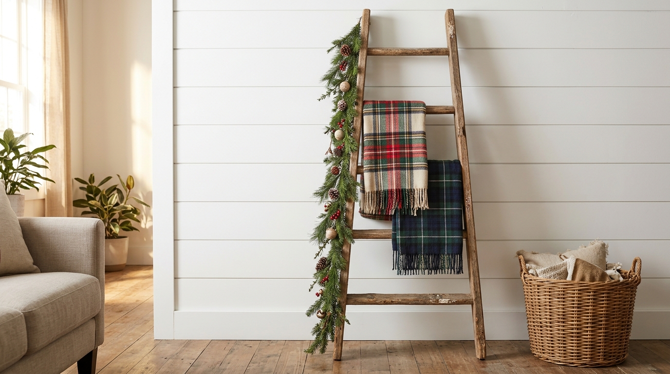 Old wooden ladder with plaid blankets and pine garland leaning against a farmhouse living room wall