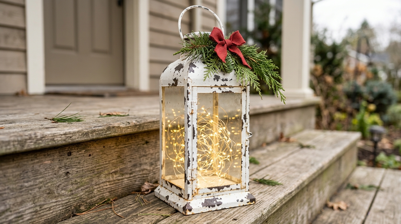 Chippy white metal lantern filled with LED fairy lights and greenery on a farmhouse porch