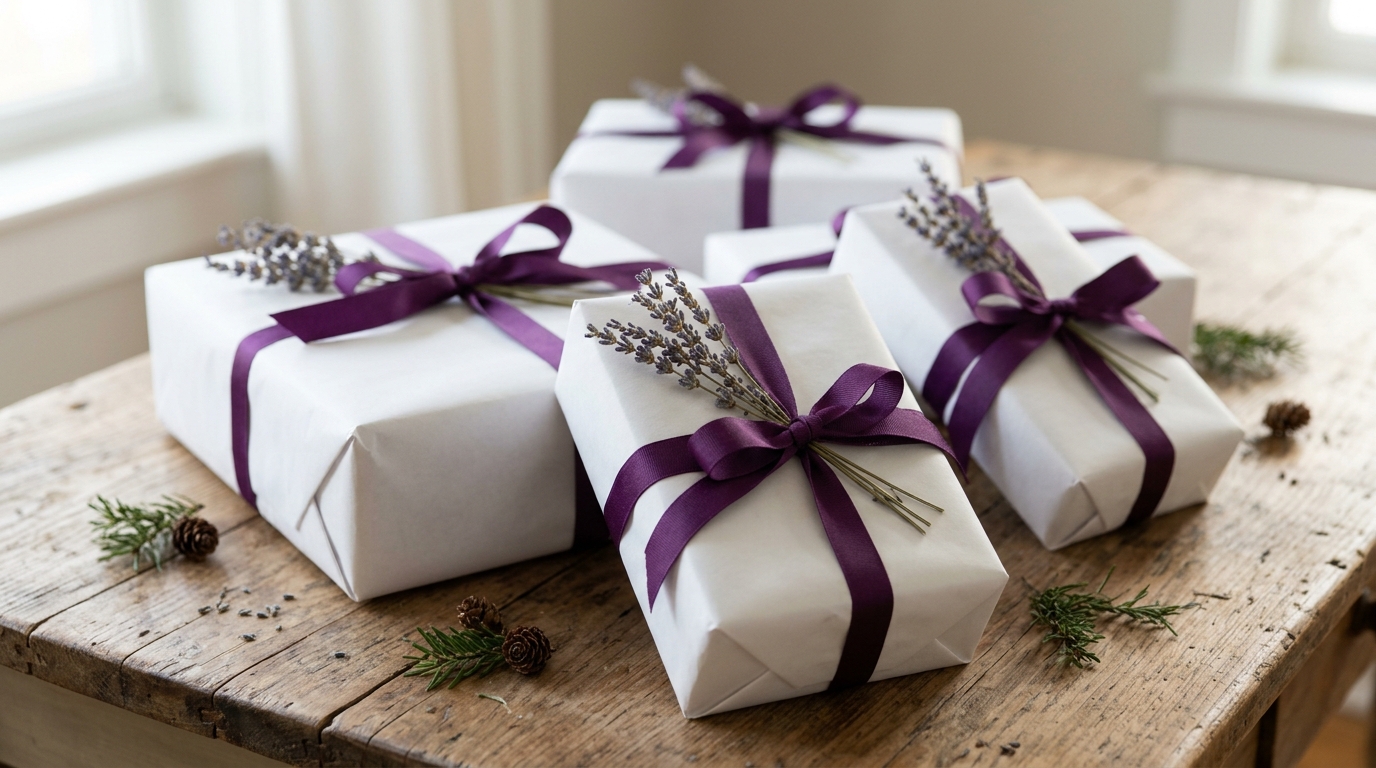 Purple Christmas decor gifts wrapped in white with purple ribbon and dried lavender