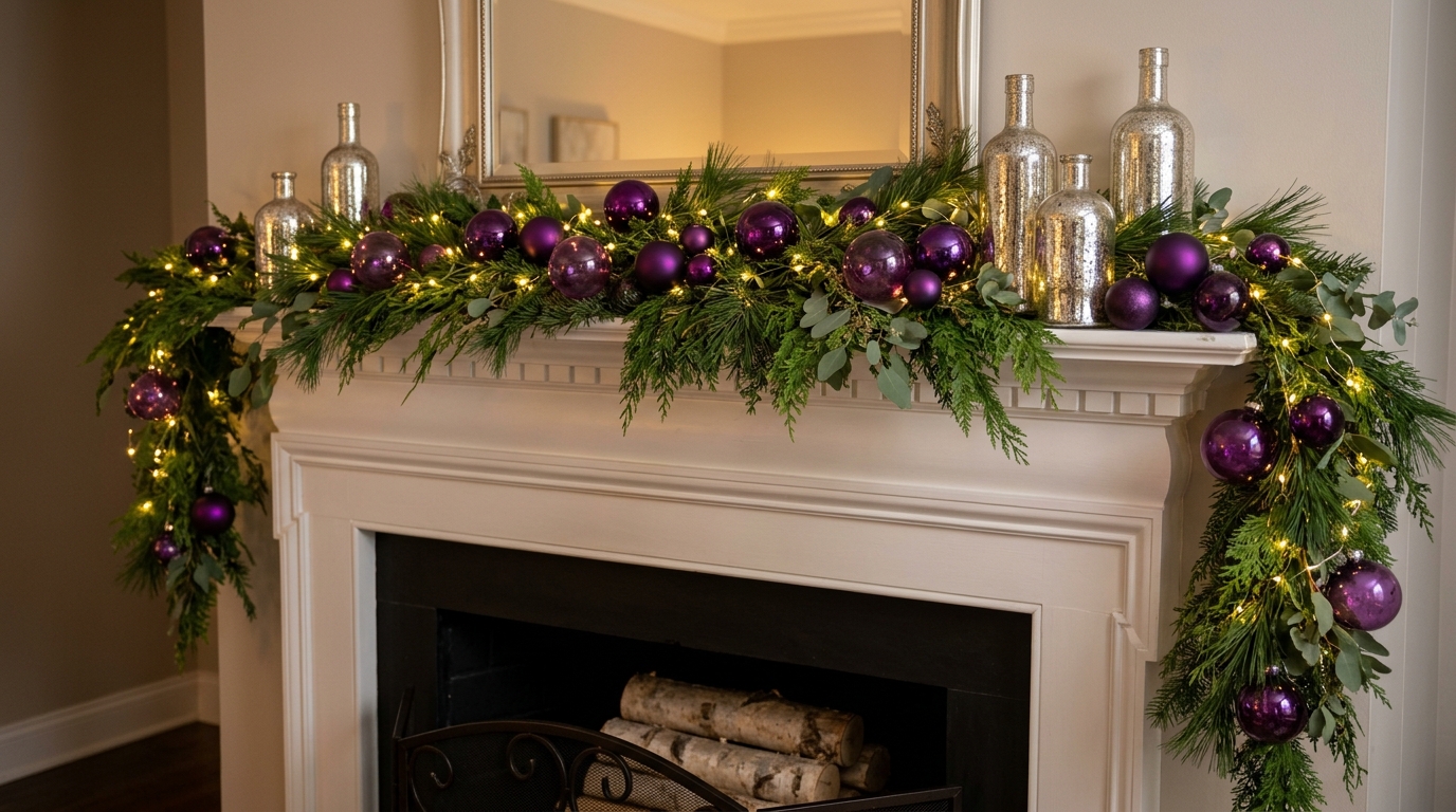 Purple Christmas decor mantel with amethyst ornaments, mercury glass and LED fairy lights
