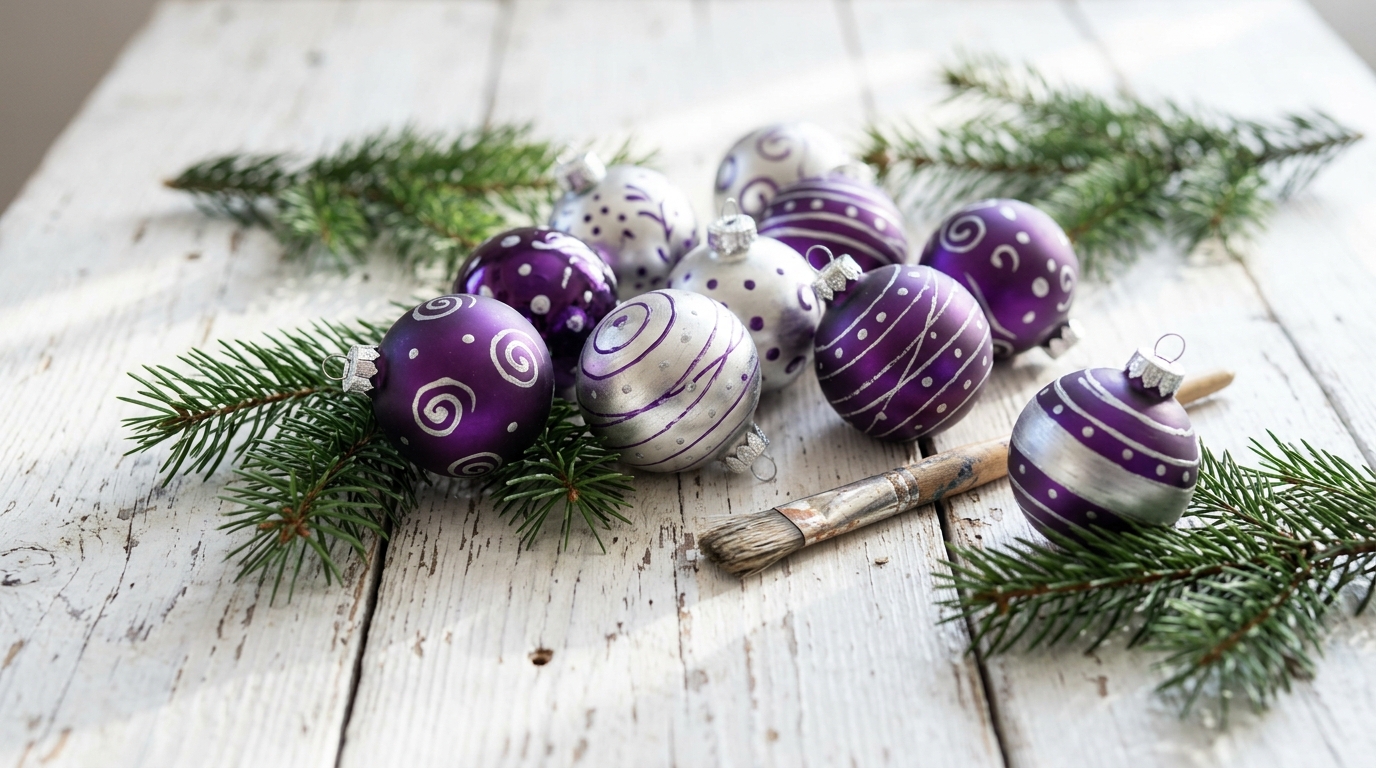 Purple Christmas decor with hand painted purple and silver ornaments