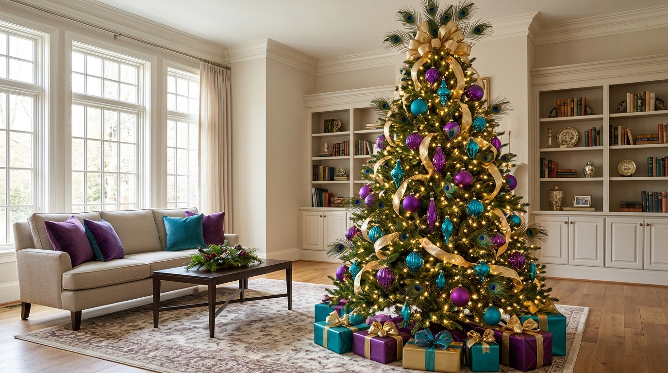 Purple Christmas decor peacock tree in purple and teal
