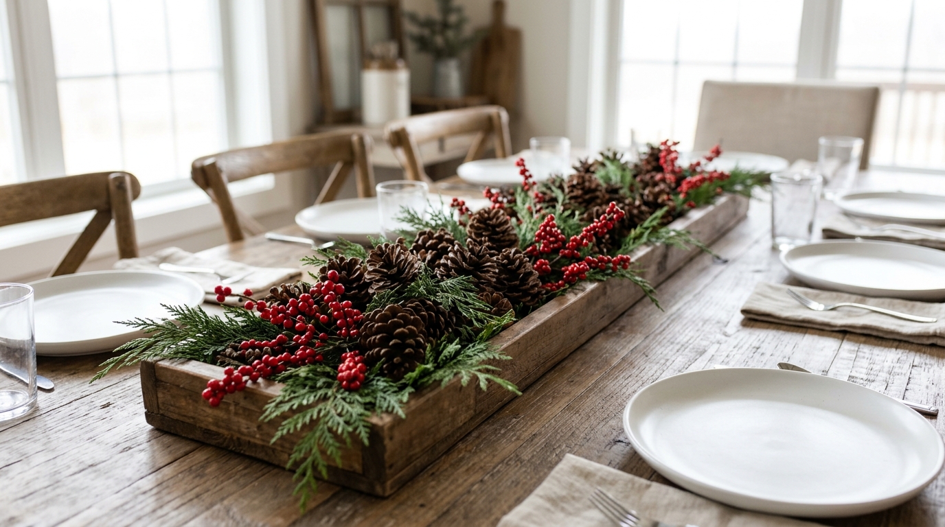 Long wooden tray centerpiece with pine cones, cedar branches and red berries on a farmhouse table