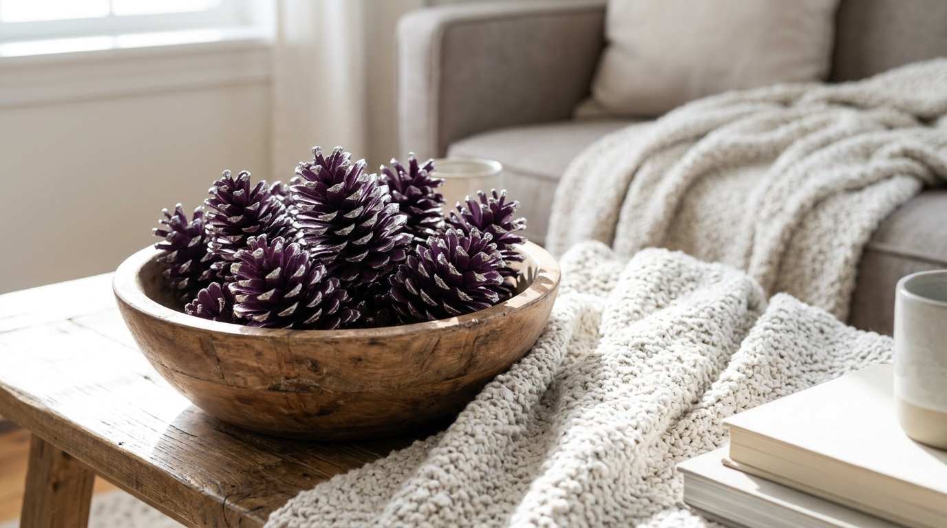 Wooden bowl of pine cones painted grape purple