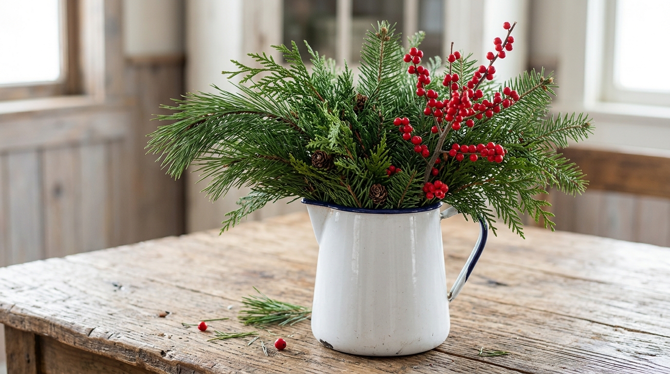Farmhouse Christmas decor of a white enamelware pitcher filled with evergreen and red berries on a wooden table