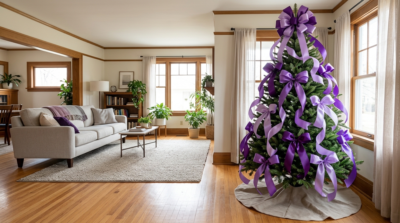 Green Christmas tree decorated only with purple and lavender ribbons