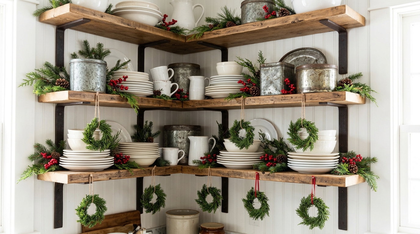 Farmhouse kitchen open shelves styled with vintage tins, white dishes, greenery and small wreaths