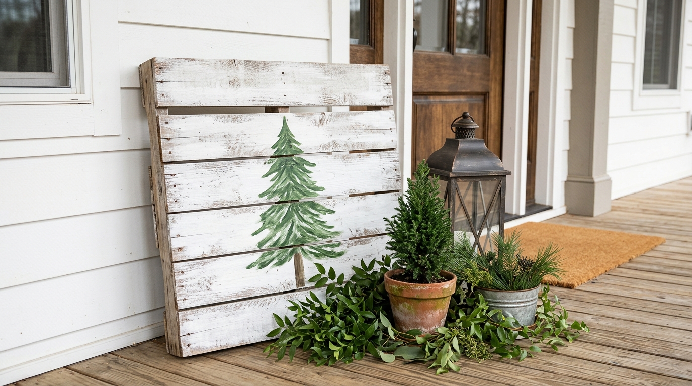 Farmhouse Christmas decor hand painted wood pallet sign with a simple pine tree design leaning on a porch