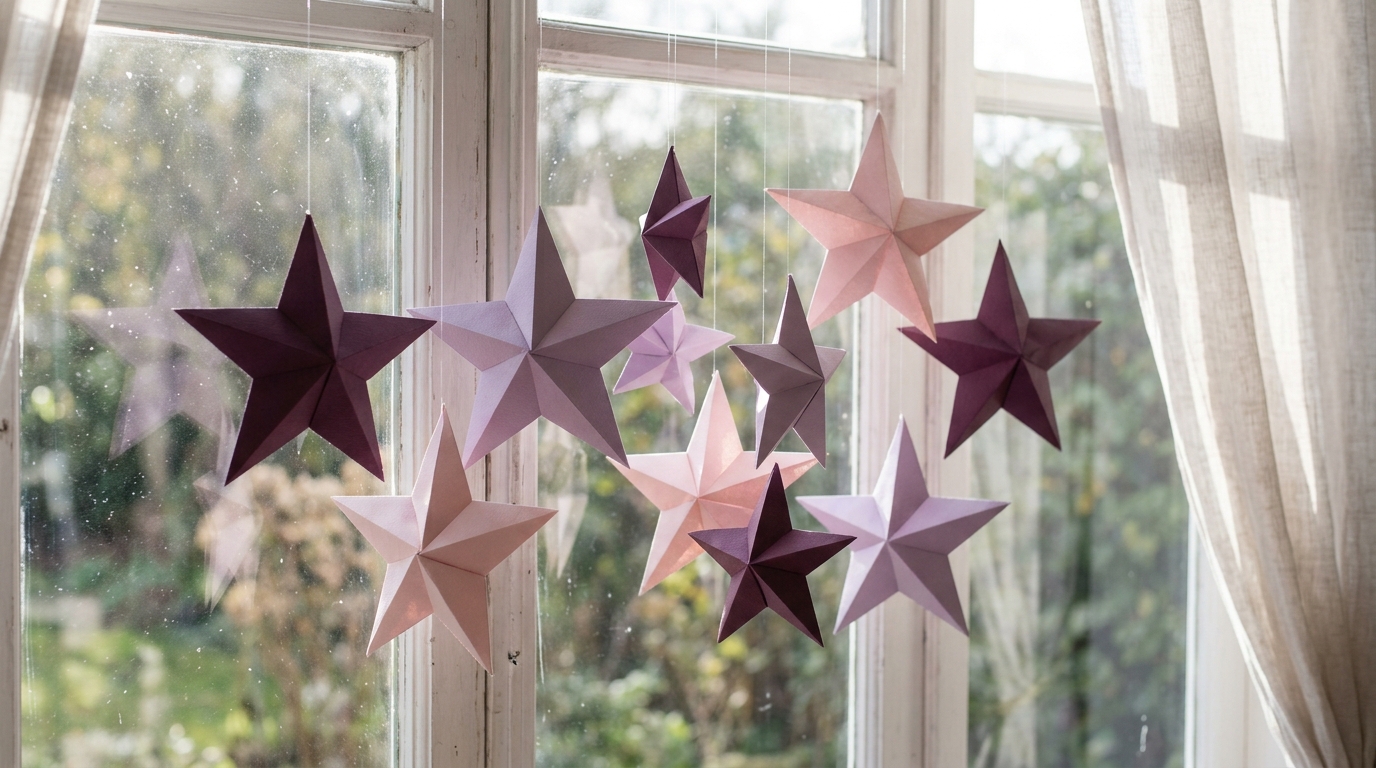 Plum, lilac and blush paper stars hanging in a window
