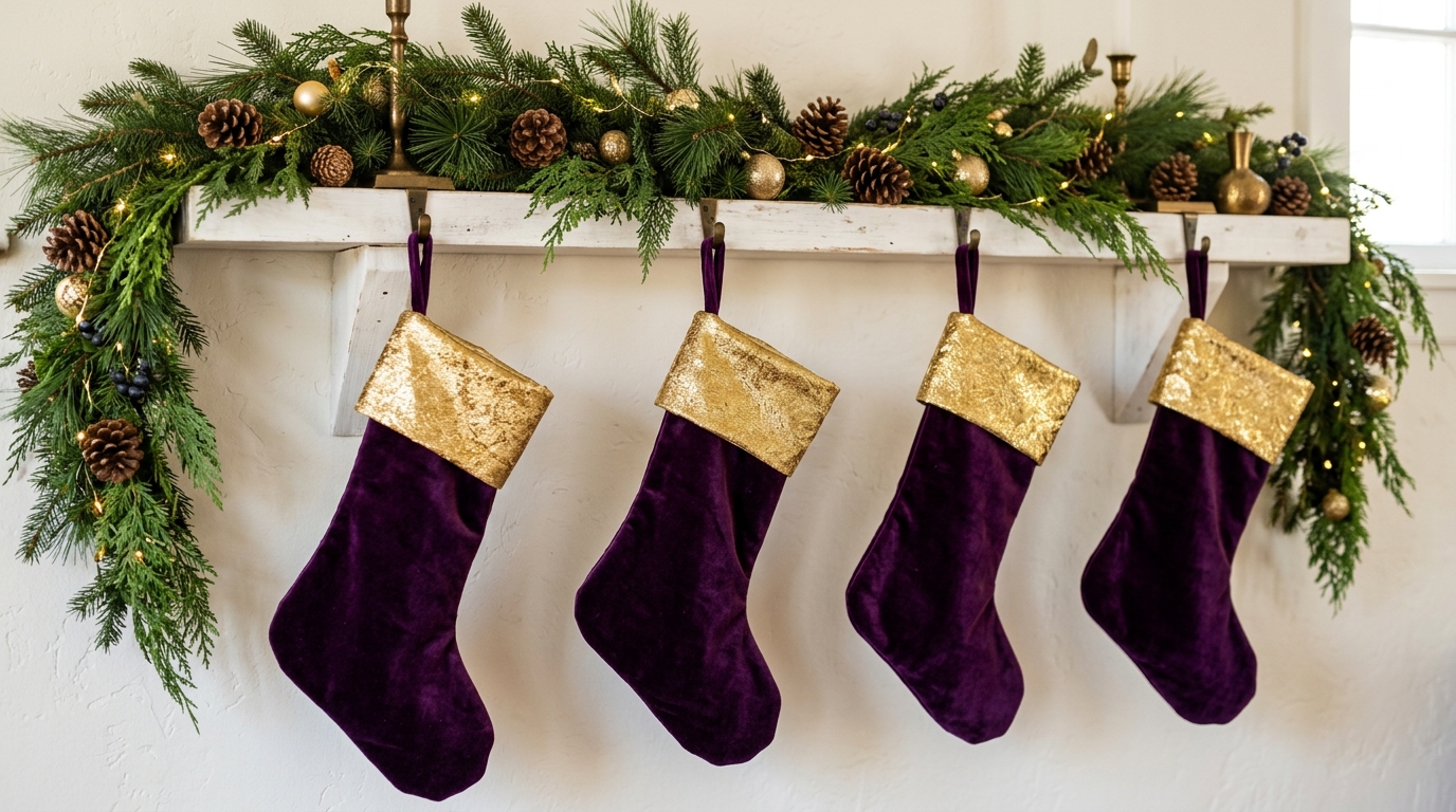 Purple Christmas decor stockings in velvet with gold cuffs