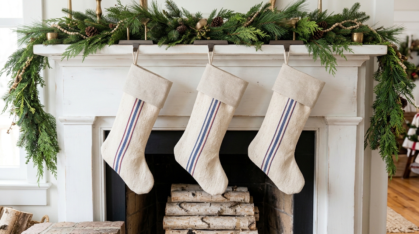 Farmhouse Christmas decor stockings made from grain sack fabric with blue stripes hanging on a white mantel