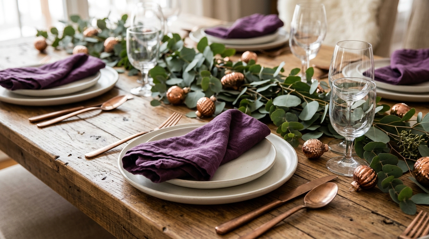 Holiday table with purple napkins and copper flatware
