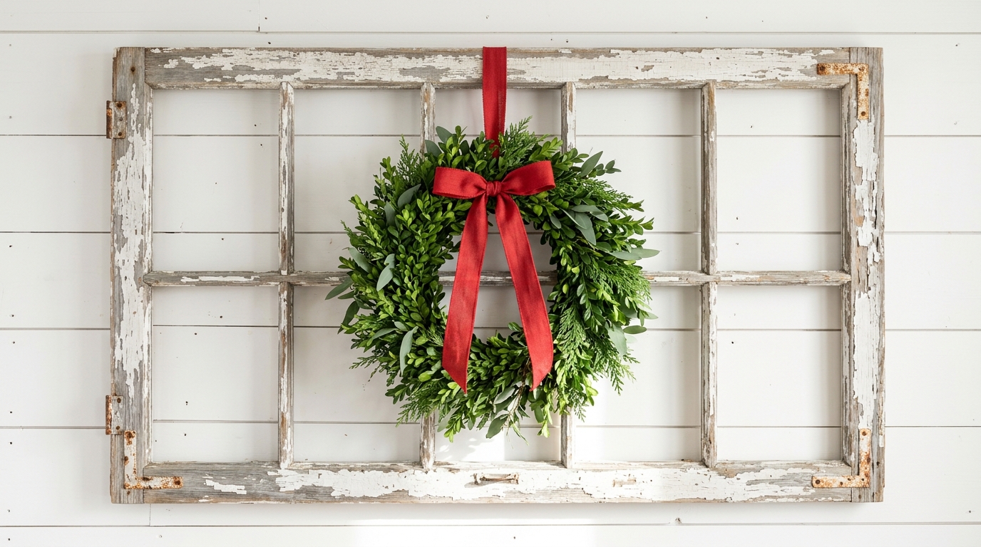Old white window frame with a fresh green wreath hanging in the center on a farmhouse wall