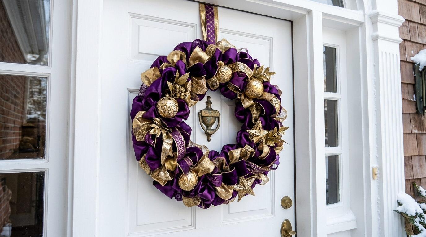 Purple and gold fabric loop Christmas wreath on a white front door