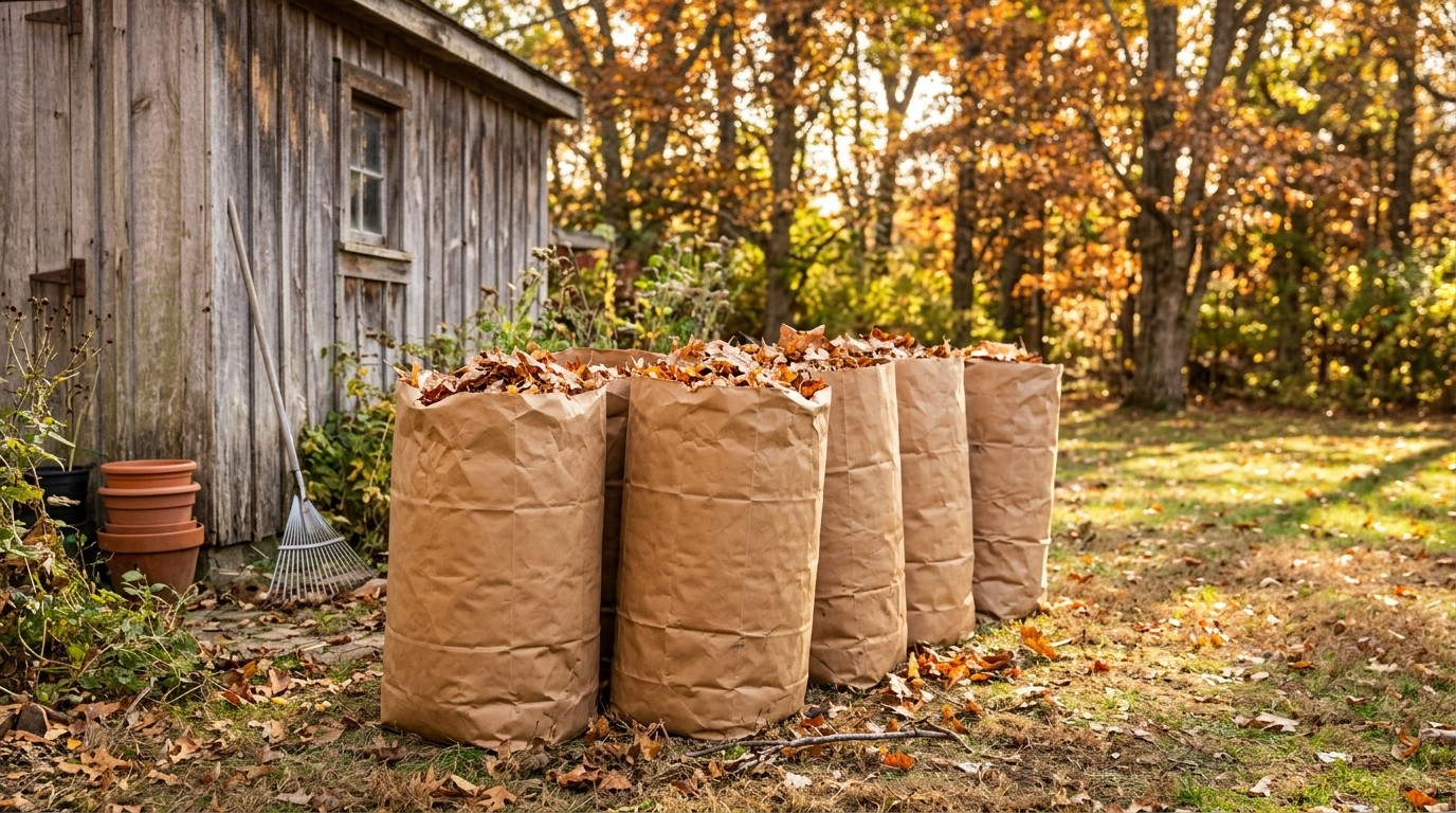 Uses for fallen leaves: paper yard bags full of dry fallen leaves beside a garden shed