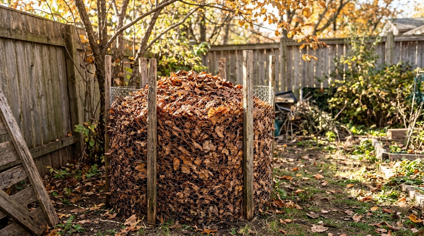 Uses for fallen leaves: round chicken wire leaf mold bin full of autumn leaves
